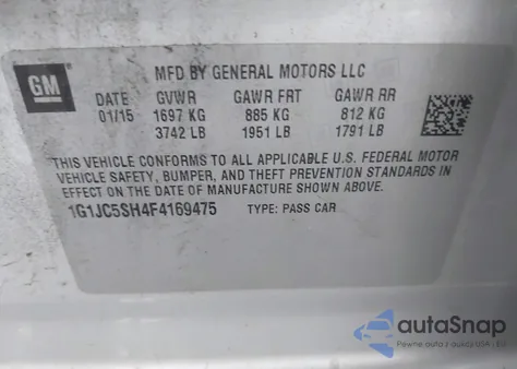 2015 Chevrolet Sonic Lt Auto z USA, uszkodzony, nr VIN 1G1JC5SH4F4169475